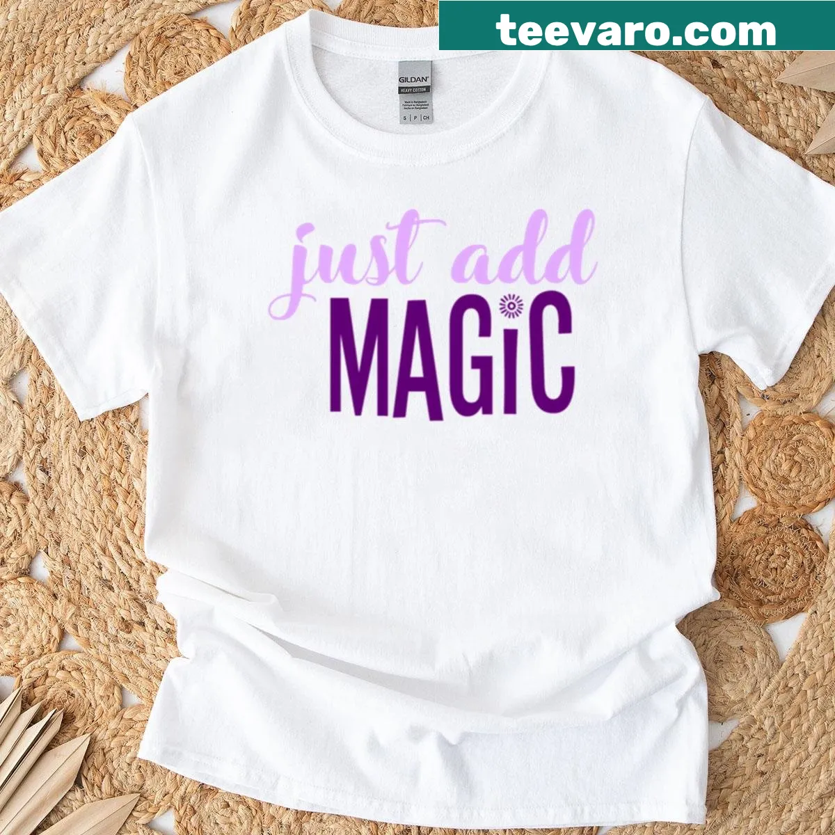 Typography T-shirt with the words 'Just Add Magic' in playful script — on a men's t-shirt