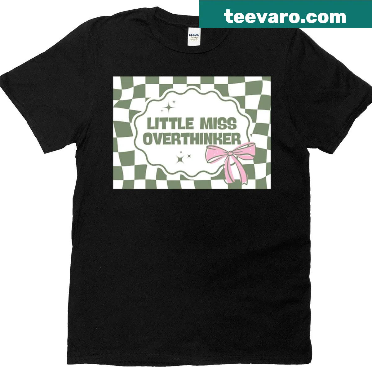 T-shirt with humorous 'Little Miss Overthinker' text design — on a men's t-shirt