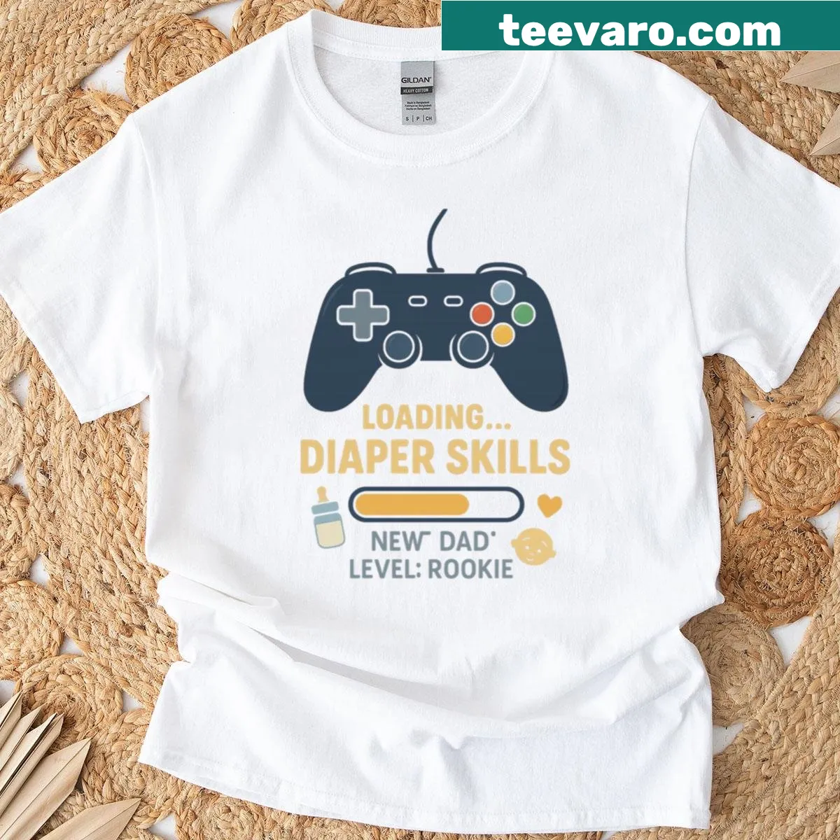 Funny Loading Diaper Skills New Dad Level Rookie T-shirt. — on a men's t-shirt