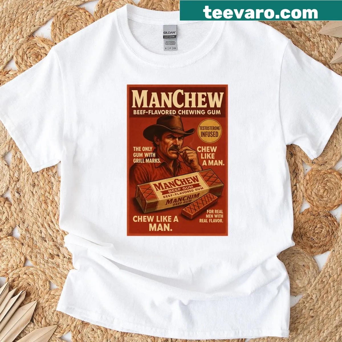 Parody t-shirt humorously promoting chewing gum like a man — on a men's t-shirt
