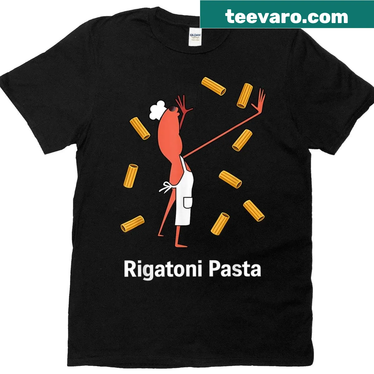 Funny Marcus the Worm rigatoni pasta graphic T-shirt — on a men's t-shirt