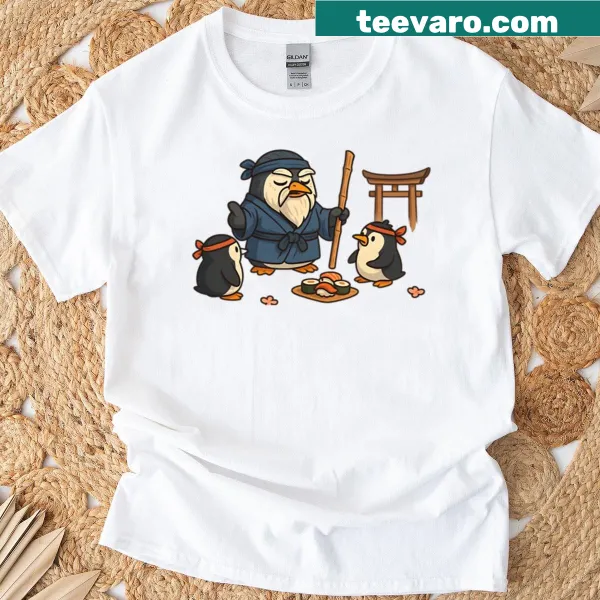 Oversized T-shirt featuring a playful samurai penguin graphic