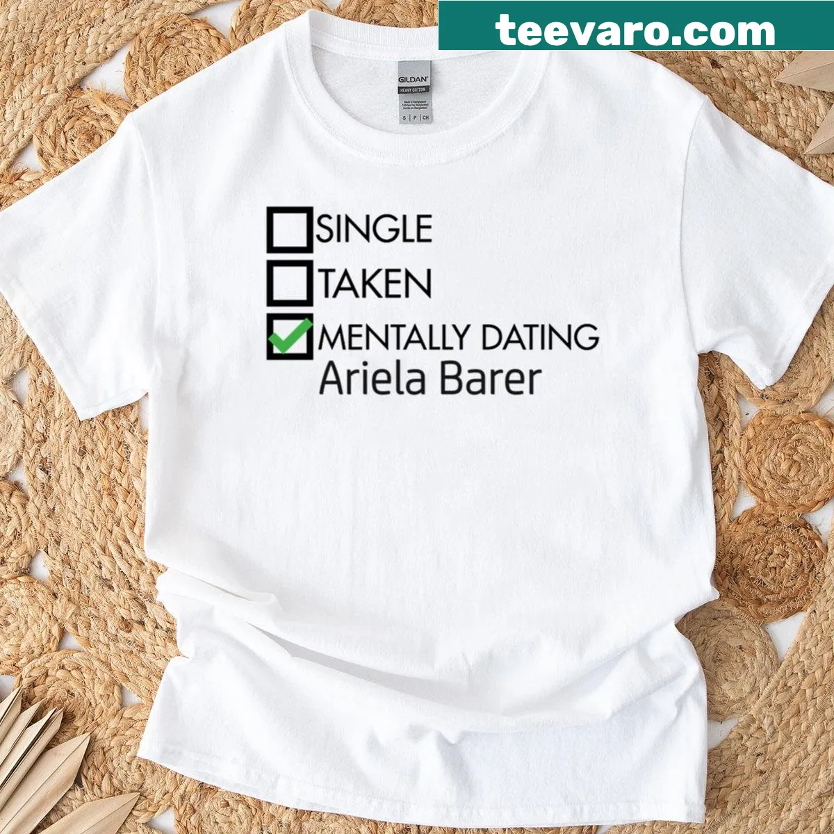 Playful oversized t-shirt declaring mental dating status with Ariela Barer — on a men's t-shirt