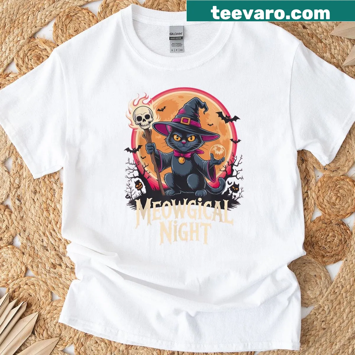 Cartoon black cat in a wizard hat for Halloween themed t-shirt. — on a men's t-shirt