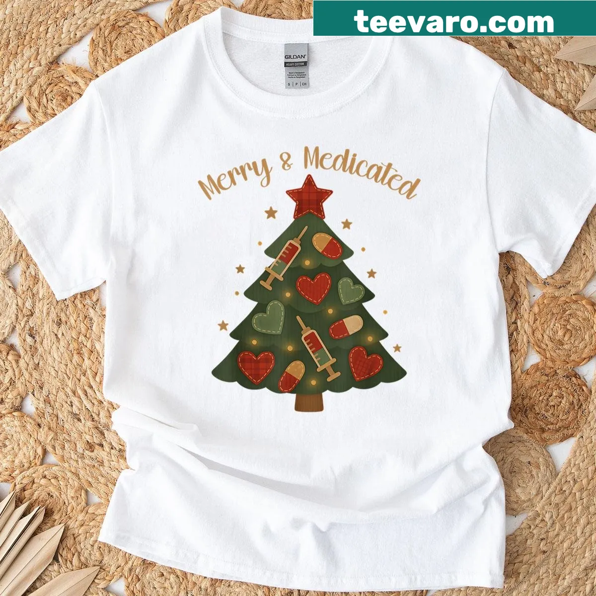 Funny RN nurse t-shirt with Christmas tree and medical elements — on a men's t-shirt