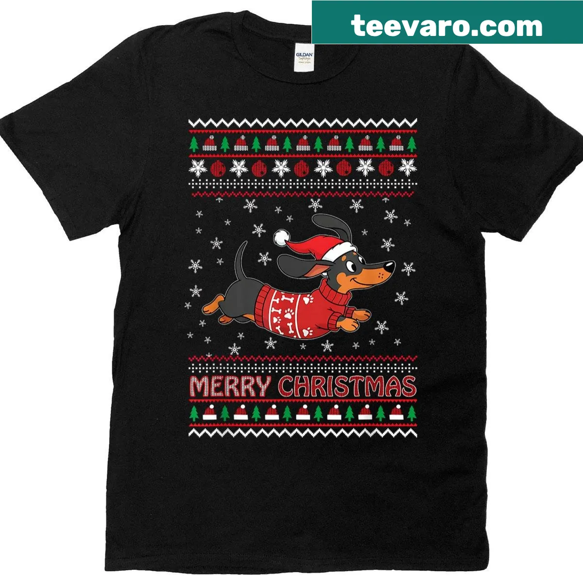 Cute Christmas tee featuring a festive wiener dog illustration — on a men's t-shirt