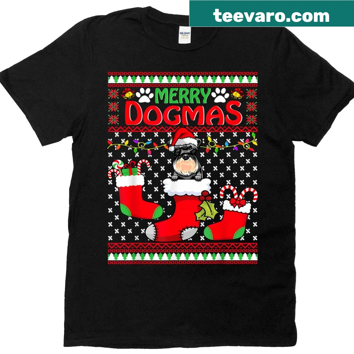 Funny Christmas T-shirt featuring a Schnauzer and 'Merry Dogmas' text — on a men's t-shirt