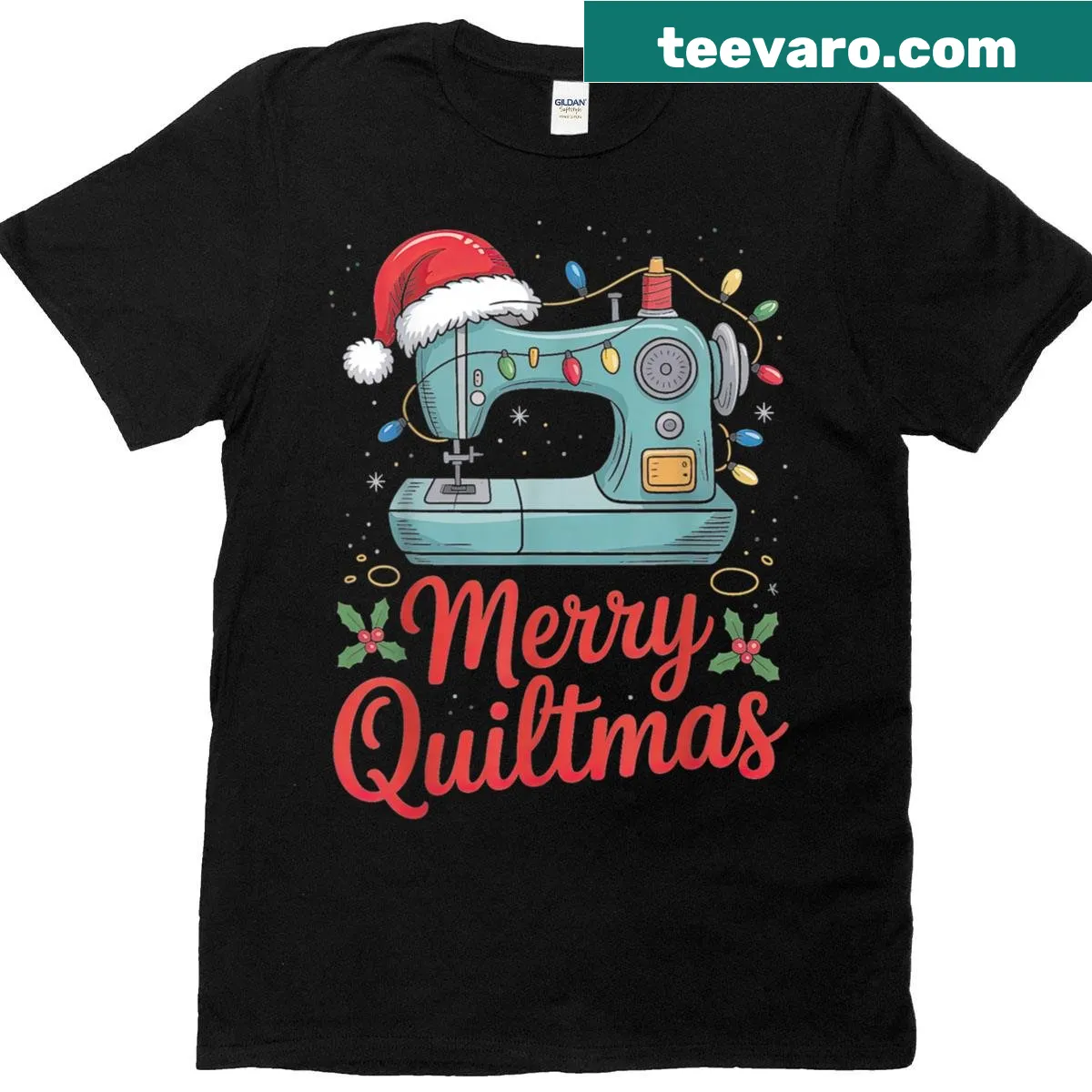 Illustration of Santa with quilting designs and Merry Quiltmas text — on a men's t-shirt