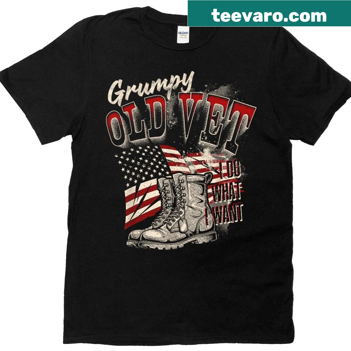 Funny veteran t-shirt with American flag and grumpy character design — on a men's t-shirt