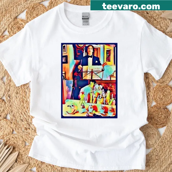 Illustration of Miranda conducting fruit friends on t-shirt