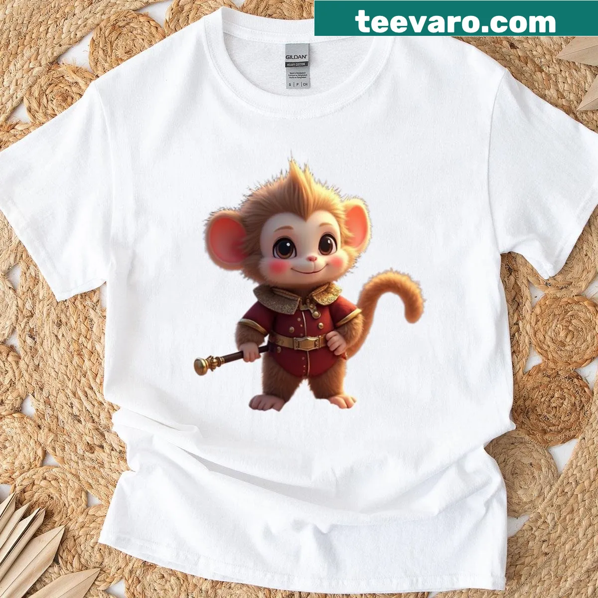 Monkey prince in red armor illustrated T-shirt inspired by Japanese art — on a men's t-shirt