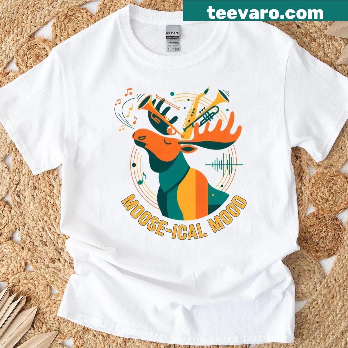 Whimsical oversized T-shirt featuring moose-themed jazz art — on a men's t-shirt