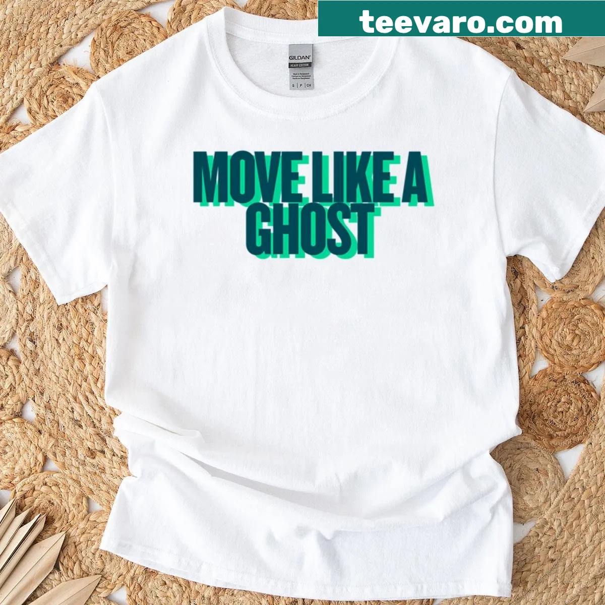 Playful ghost graphic on Move Like A Ghost T-shirt — on a men's t-shirt