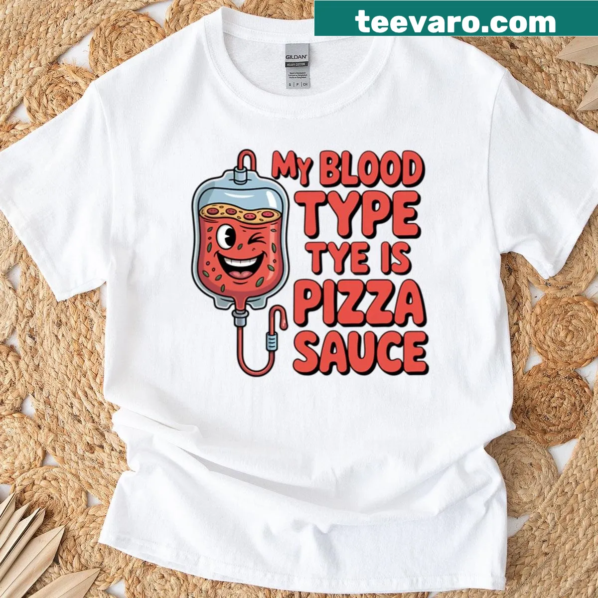 Funny T-shirt stating 'My Blood Type Is Pizza Sauce' — on a men's t-shirt