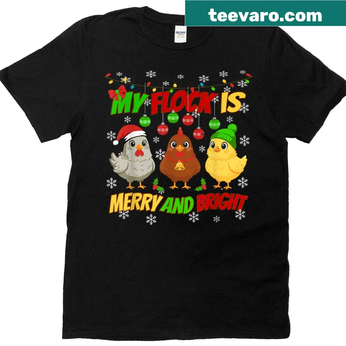 Christmas-themed T-shirt with merry and bright text and lights — on a men's t-shirt