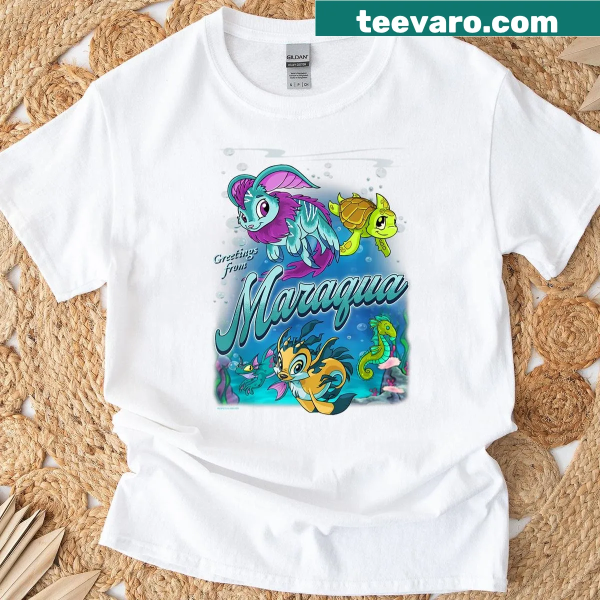 Illustrative Neopets design on a T-shirt celebrating Maraqua — on a men's t-shirt