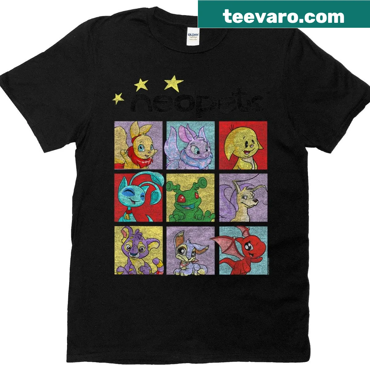 Retro T-shirt featuring a grid of Neopets characters in pop art style — on a men's t-shirt