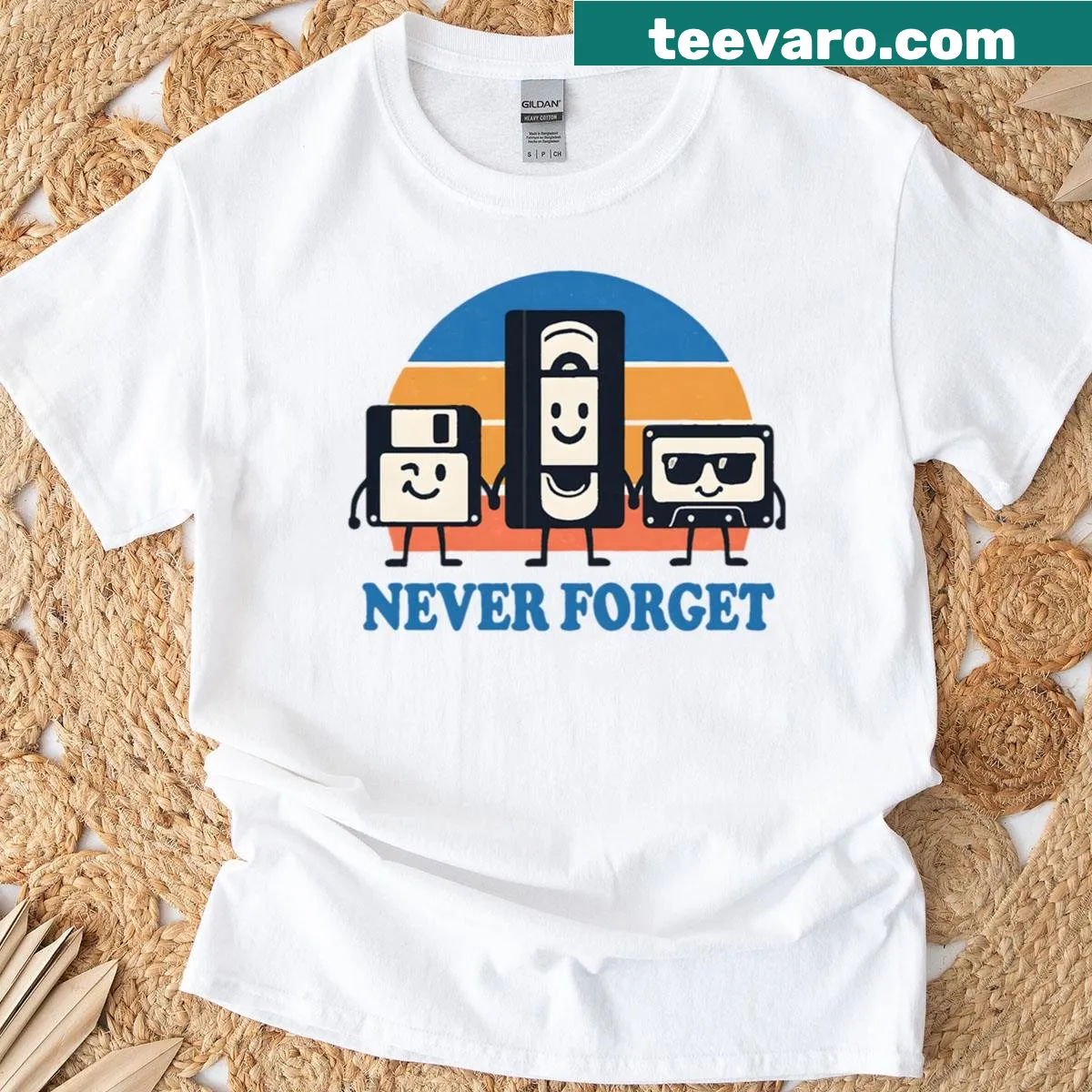 Retro design with VHS cassette and floppy disk on a t-shirt — on a men's t-shirt