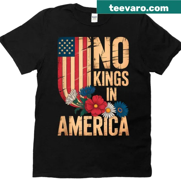 Bold text 'No King In America' design on T-shirt
