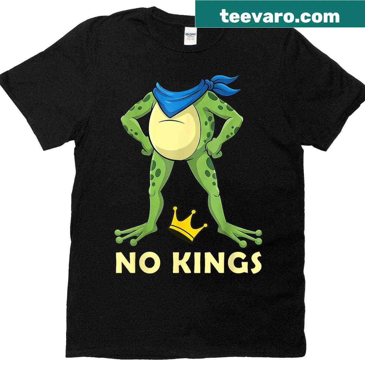 Text 'No Kings' on a T-shirt — on a men's t-shirt