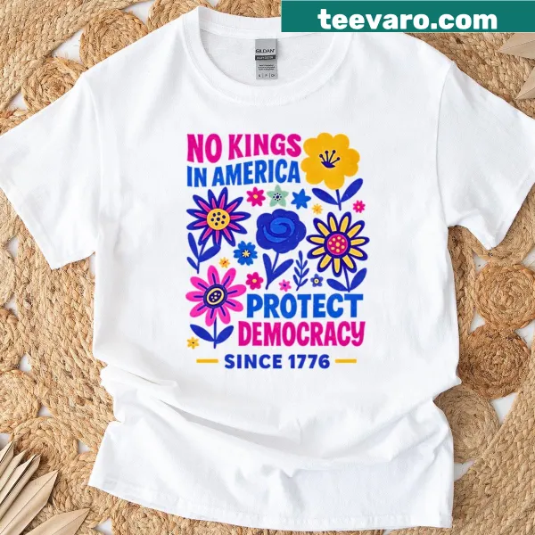 Funny t-shirt with 'No Kings In America' text and USA flag