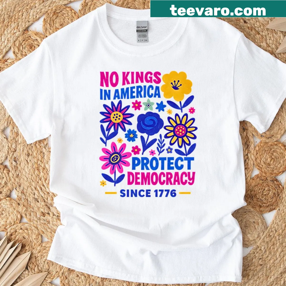 Funny t-shirt with 'No Kings In America' text and USA flag — on a men's t-shirt