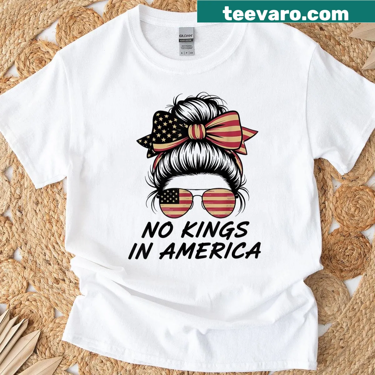 Messy bun and USA flag graphic on a vintage-style t-shirt — on a men's t-shirt
