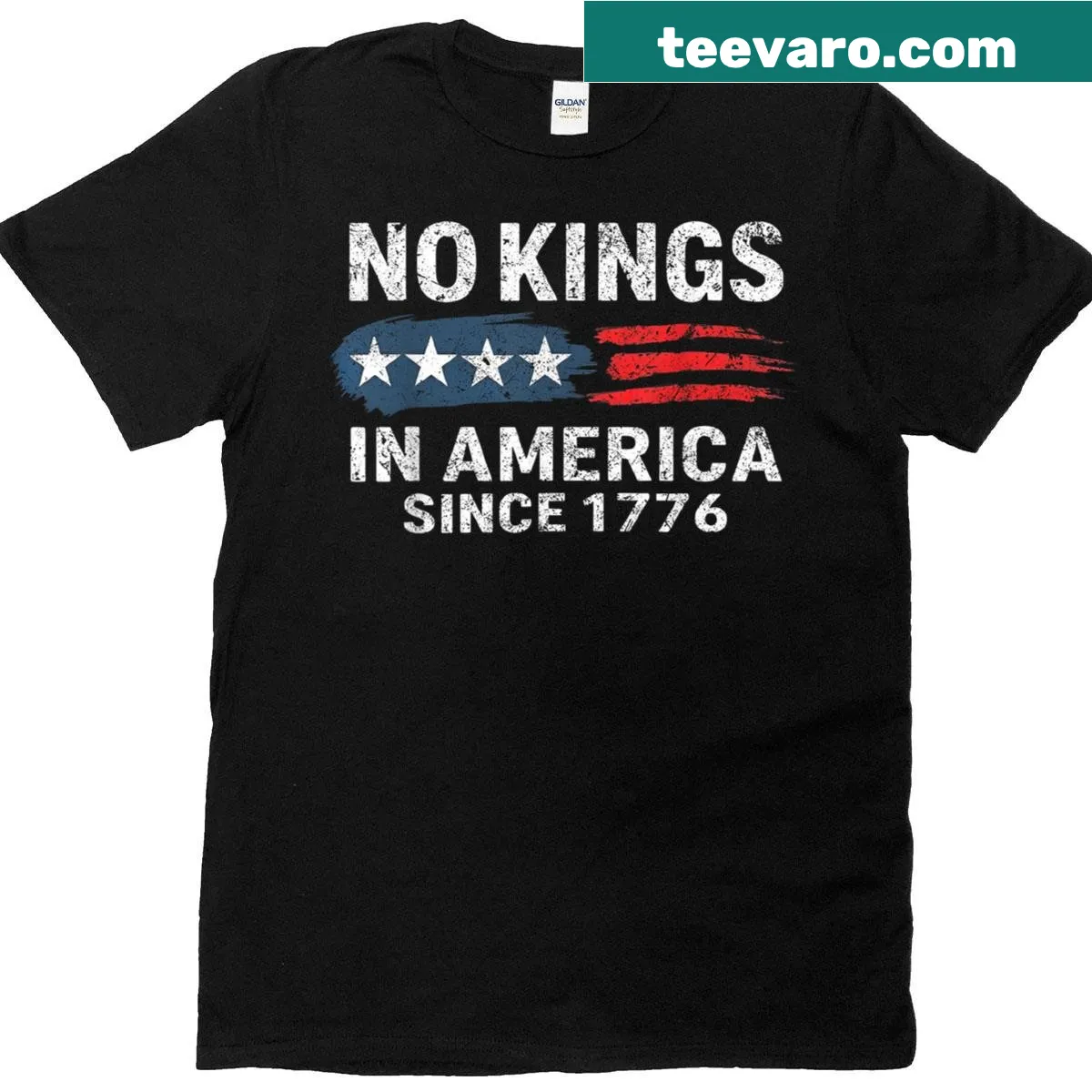 Patriotic T-shirt with 'No Kings In America Since 1776' text — on a men's t-shirt