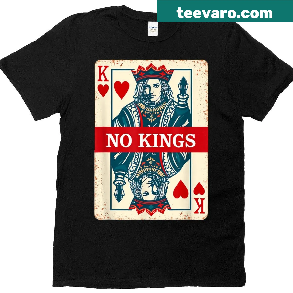 T-shirt with playful playing card design and 'No Kings' — on a men's t-shirt