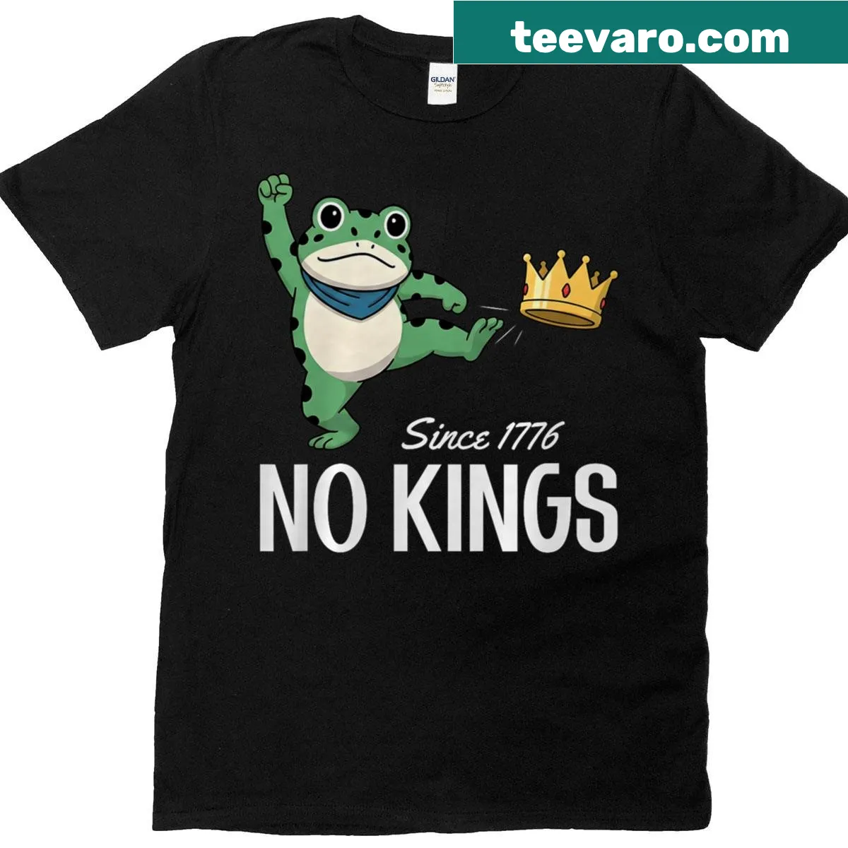 T-shirt with 'No Kings' slogan and frog graphic — on a men's t-shirt