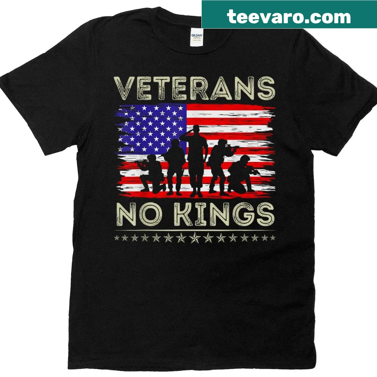 Retro American flag graphic with 'No Kings' text on a veterans t-shirt — on a men's t-shirt