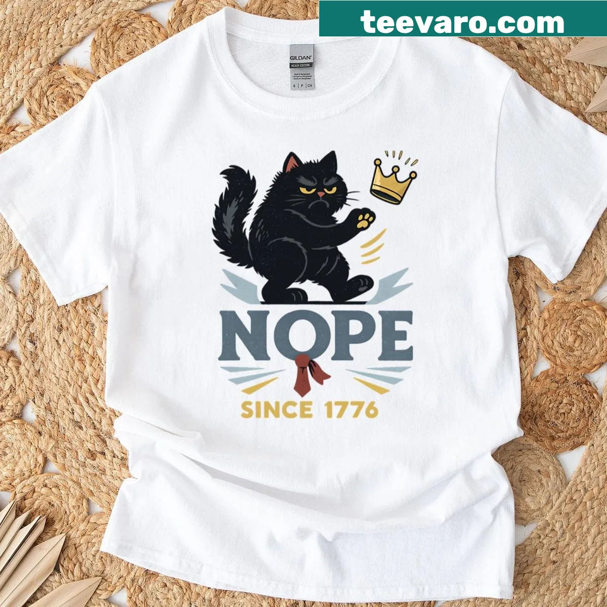 Funny t-shirt with angry cat design and 'Nope Since 1776' text — on a men's t-shirt