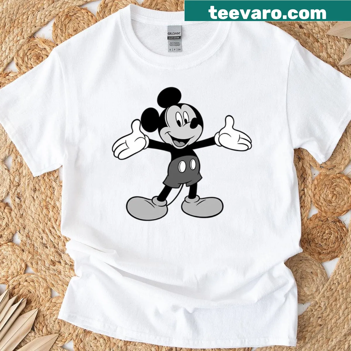 Black and white illustration of classic animation characters on t-shirt — on a men's t-shirt