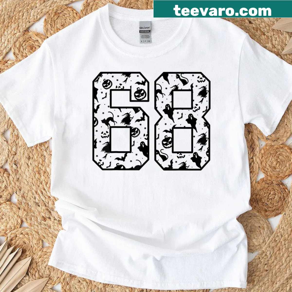 Halloween-themed t-shirt with a cute pattern featuring number 68 — on a men's t-shirt