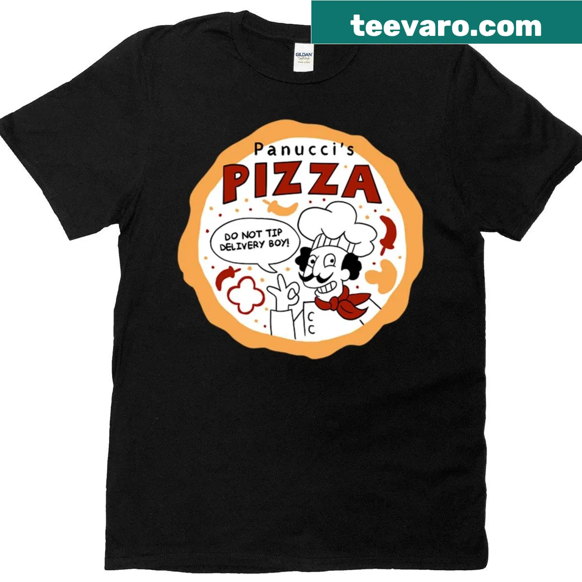 Cartoon pizza slice graphic on a casual Panucci's Pizza t-shirt — on a men's t-shirt