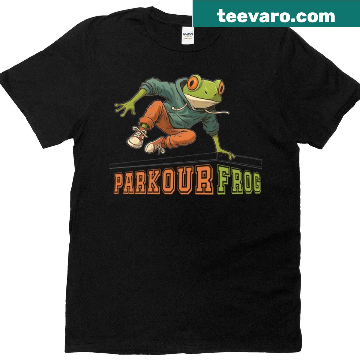 Cartoon frog parkour graphic T-shirt — on a men's t-shirt