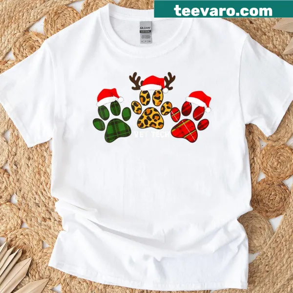 Christmas-themed Veterinary Technician T-shirt with dog paw graphic