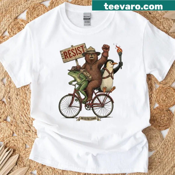 Vintage cartoon graphic of animals on a bike on a t-shirt