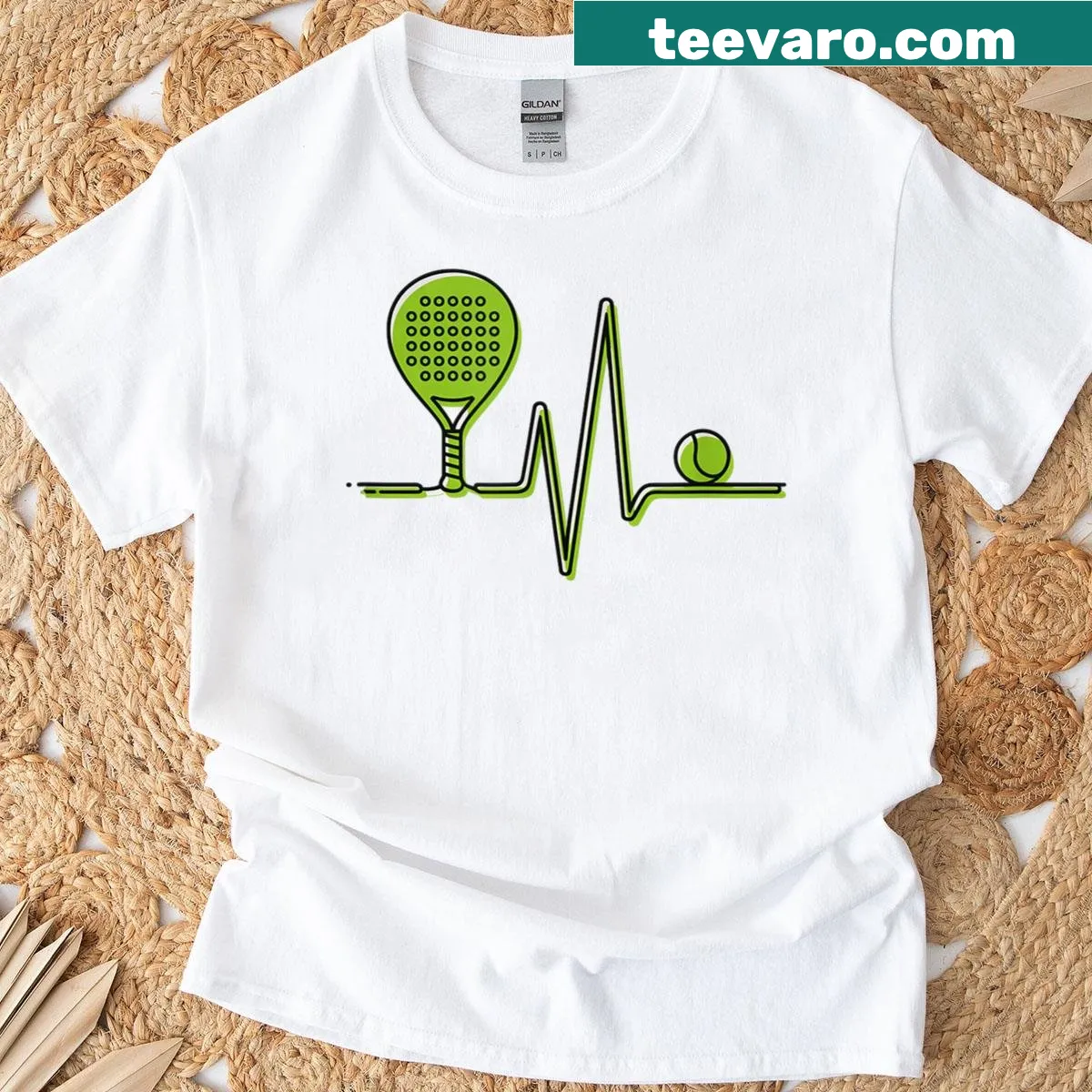 T-shirt featuring a heartbeat graphic with pickleball elements — on a men's t-shirt