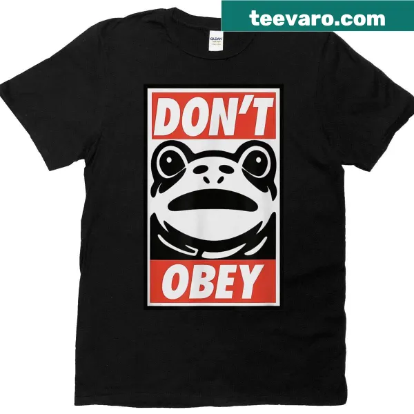 Rebellious frog graphic with 'Don't Obey' text on T-shirt