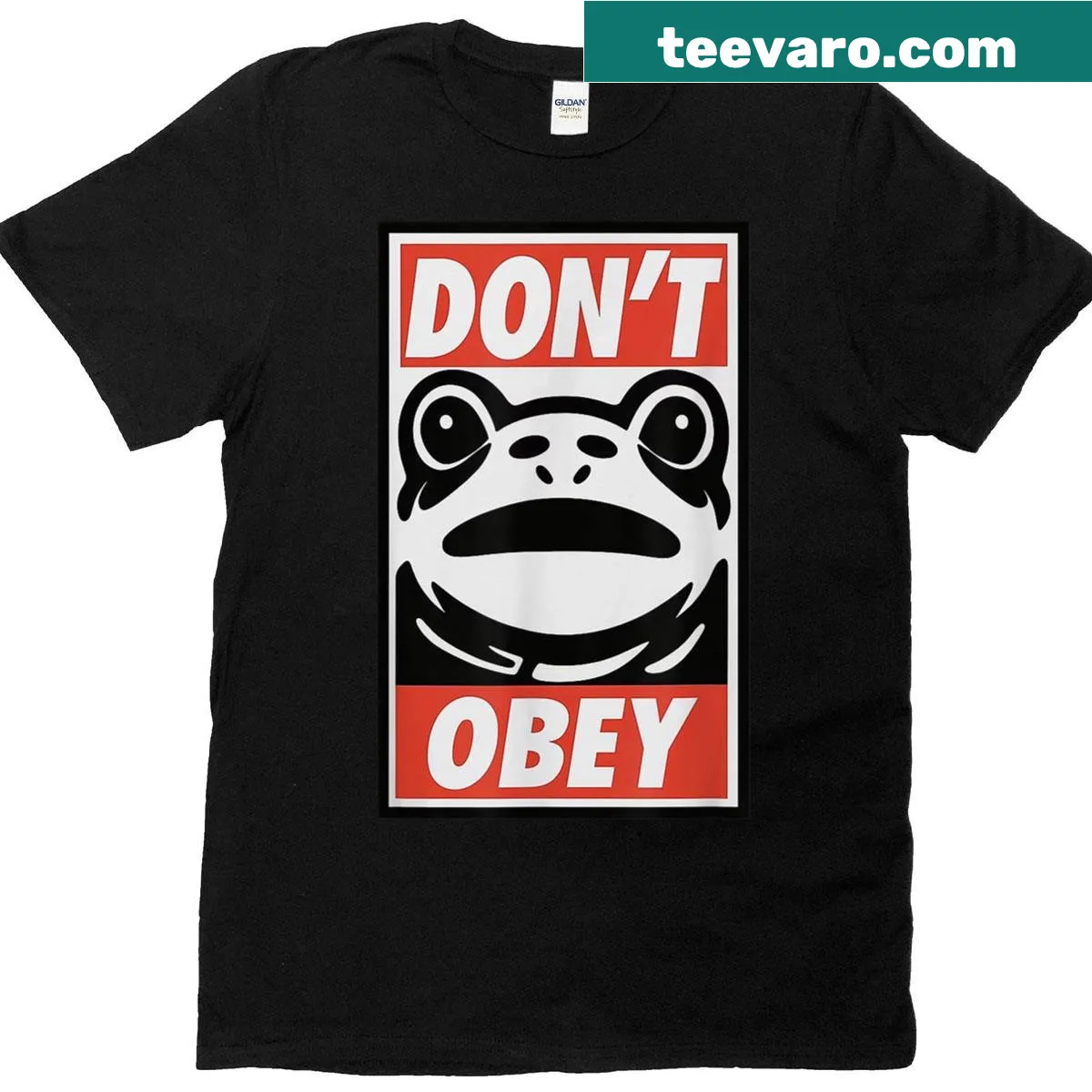 Rebellious frog graphic with 'Don't Obey' text on T-shirt — on a men's t-shirt