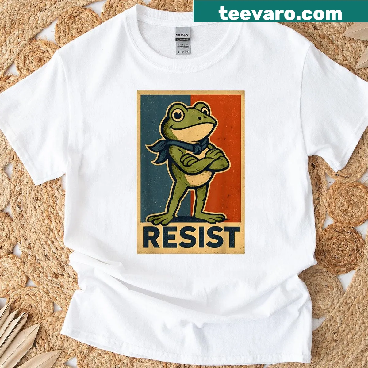 Vintage t-shirt with frog protest design suitable for men and women — on a men's t-shirt
