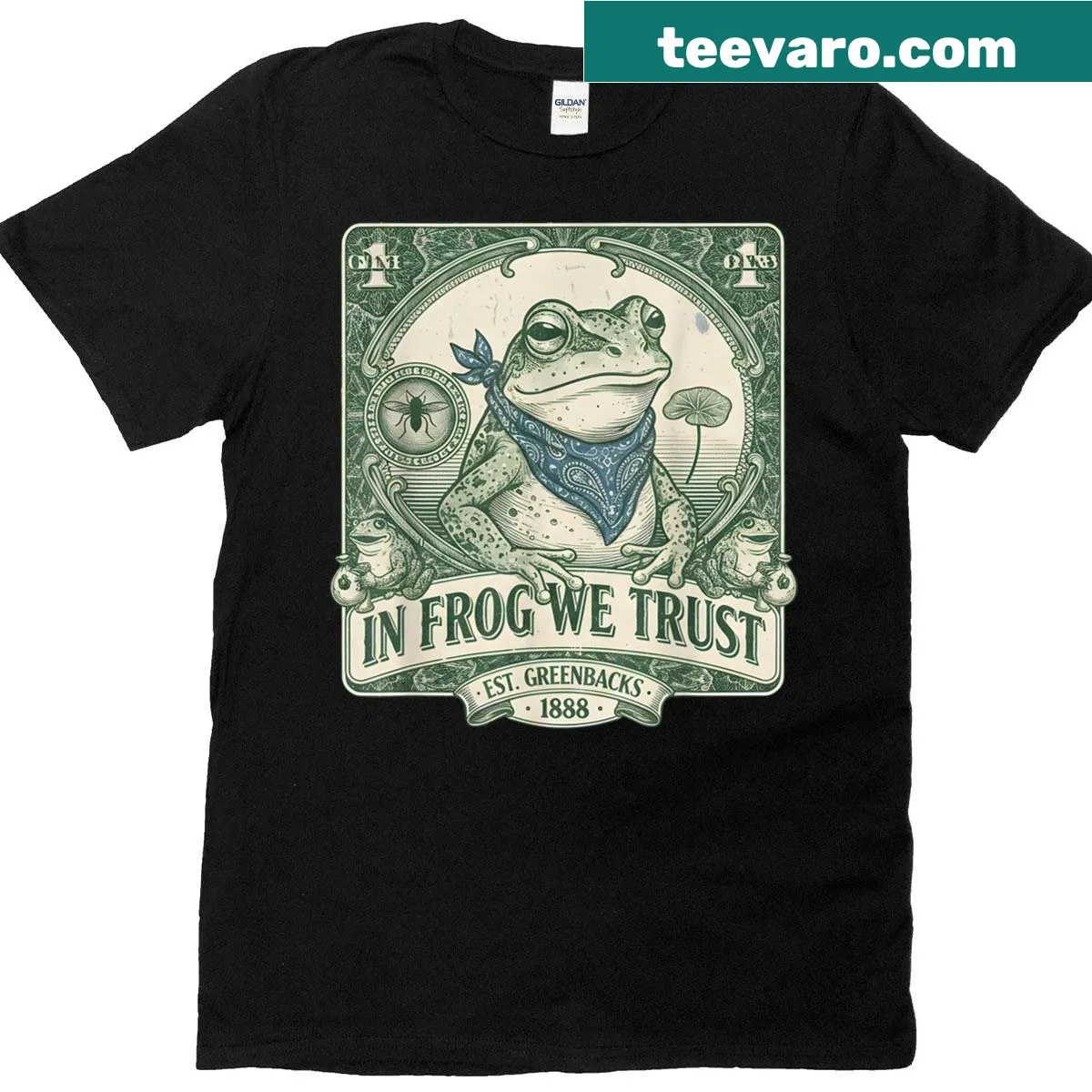 Funny protest t-shirt featuring frogs and a dollar bill theme — on a men's t-shirt