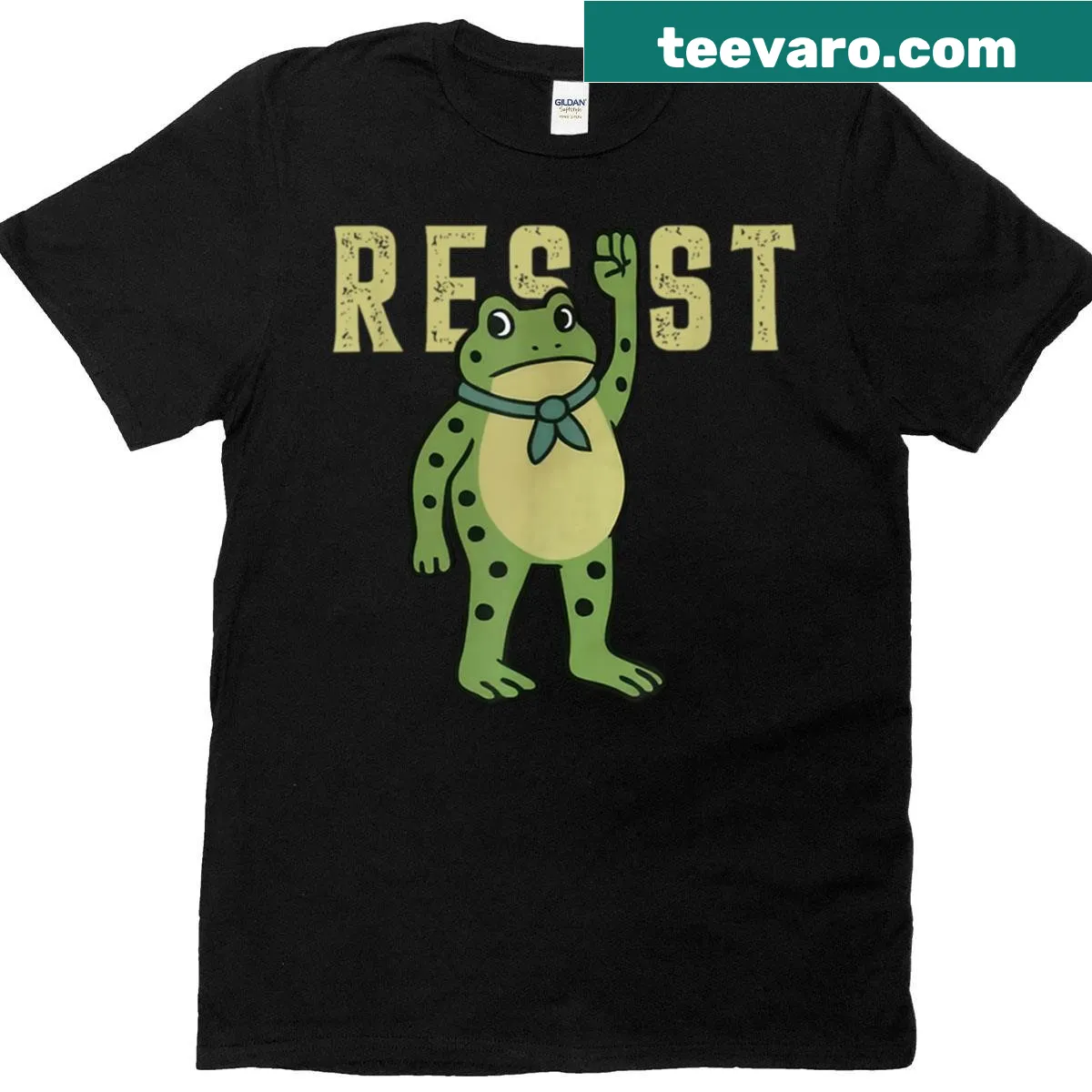 Quirky frog graphic t-shirt with No Kings protest message — on a men's t-shirt
