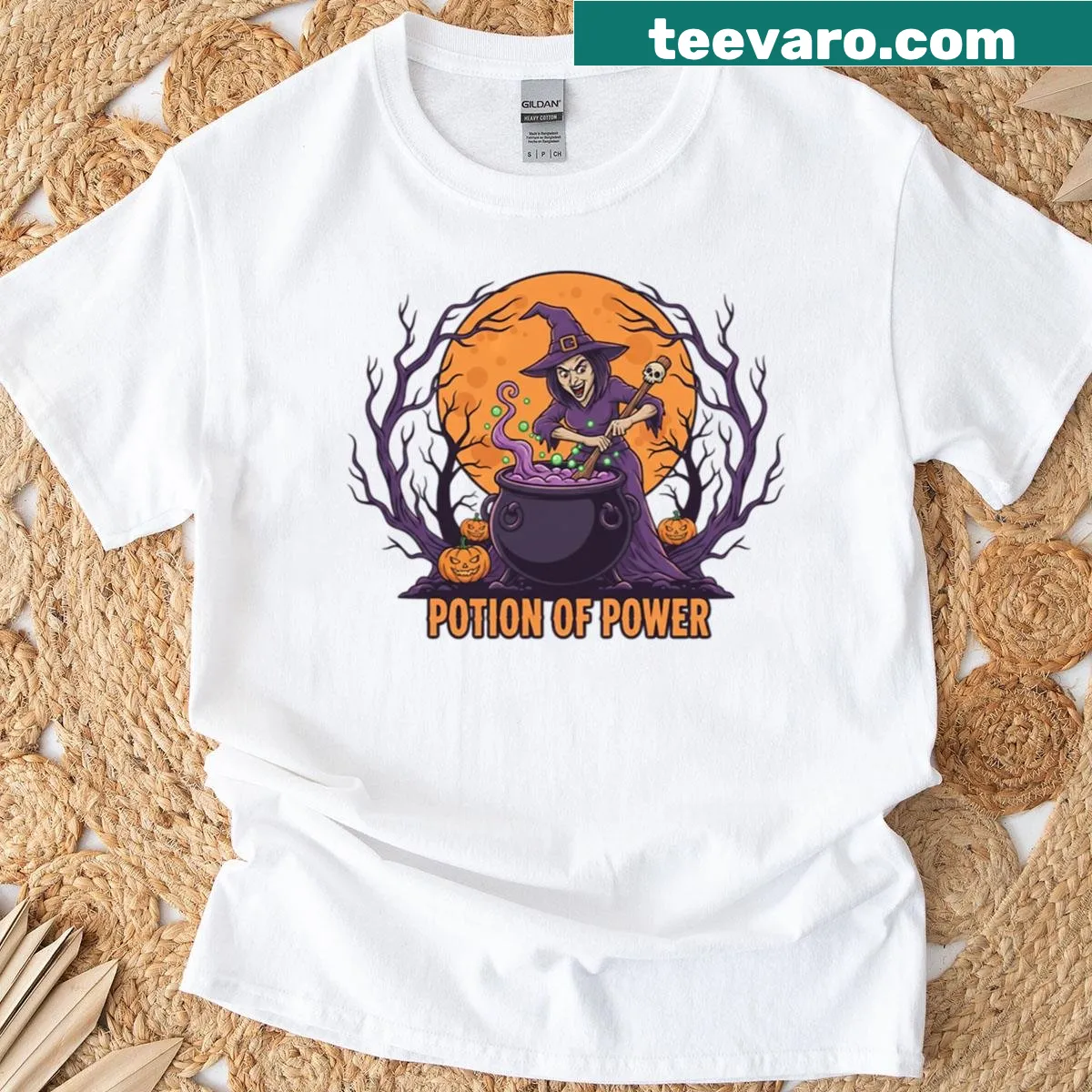Funny witch brewing potions graphic on Halloween t-shirt — on a men's t-shirt