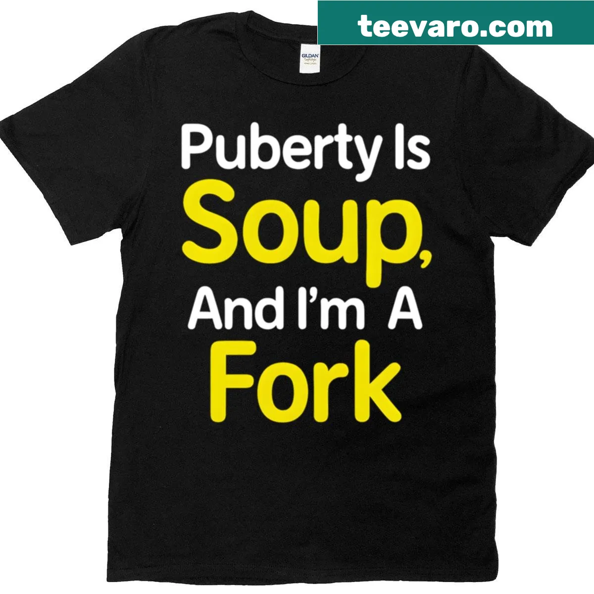 Puberty Soup Fork Meme T-shirt with humorous graphic — on a men's t-shirt