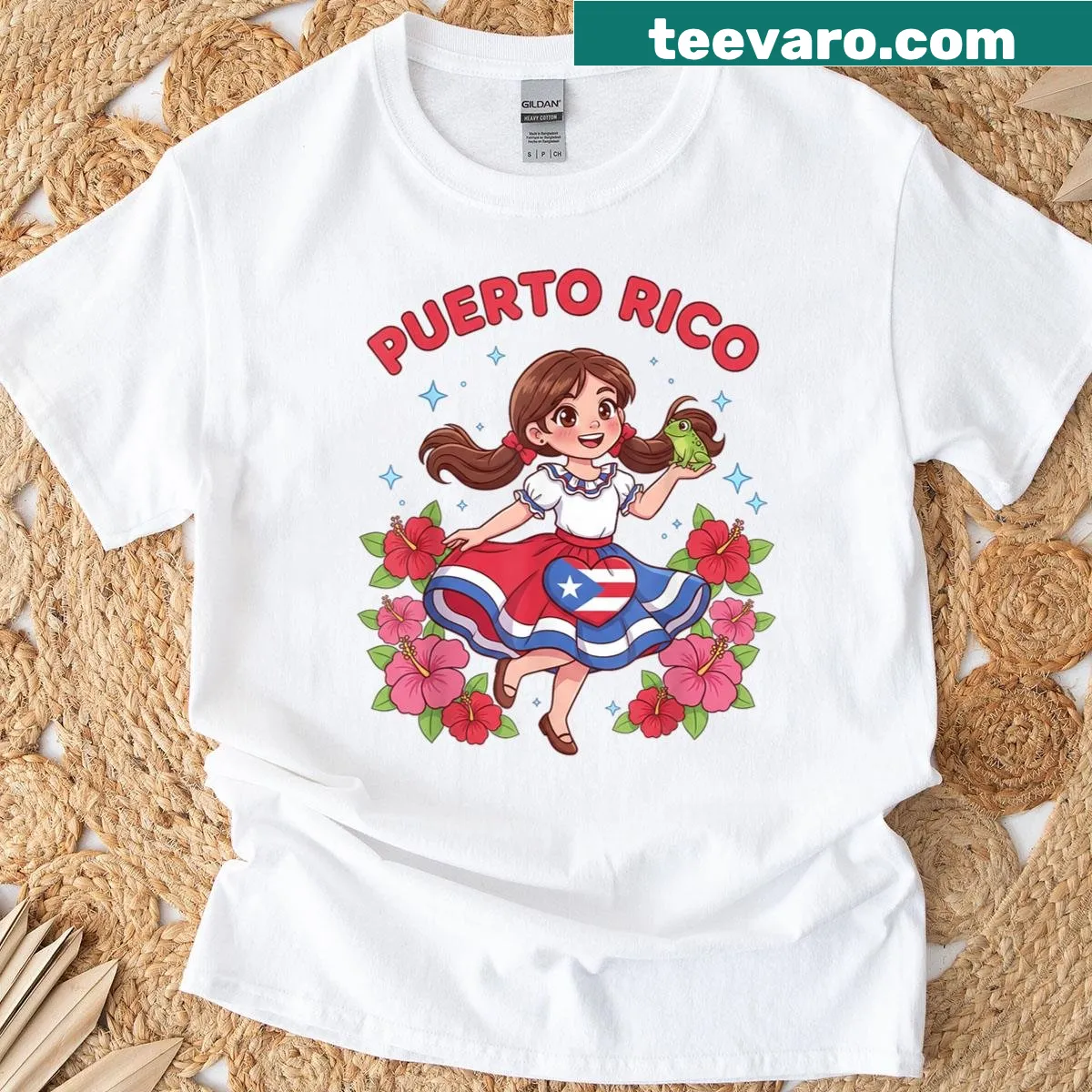 Cute Puerto Rican girl in traditional dress design — on a men's t-shirt
