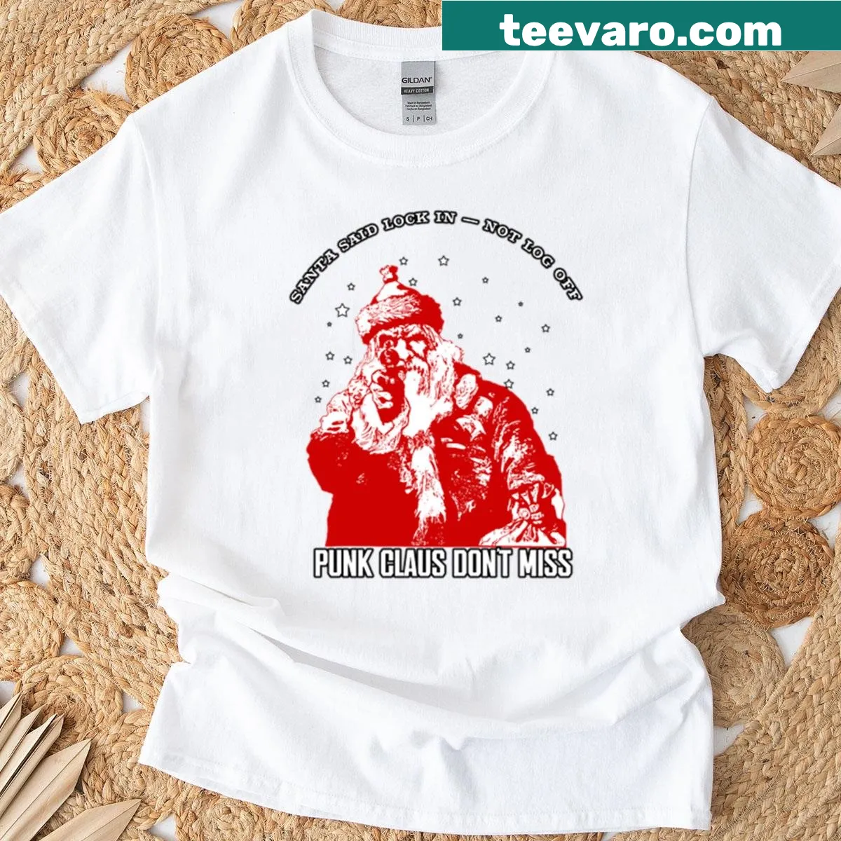 Vintage-style T-shirt featuring a punk Santa with a motivational quote. — on a men's t-shirt