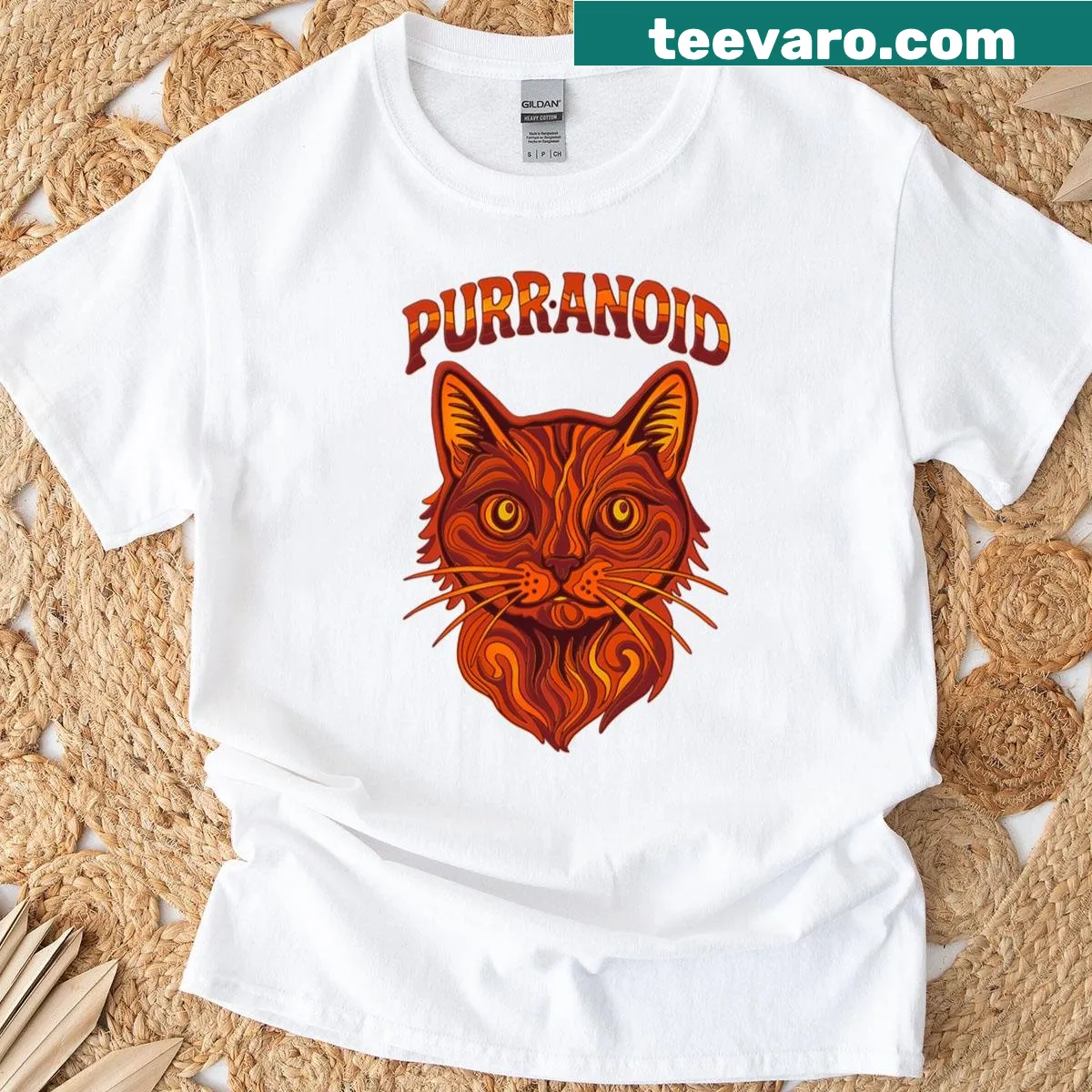 Cartoon red cat with paranoid expression design — on a men's t-shirt