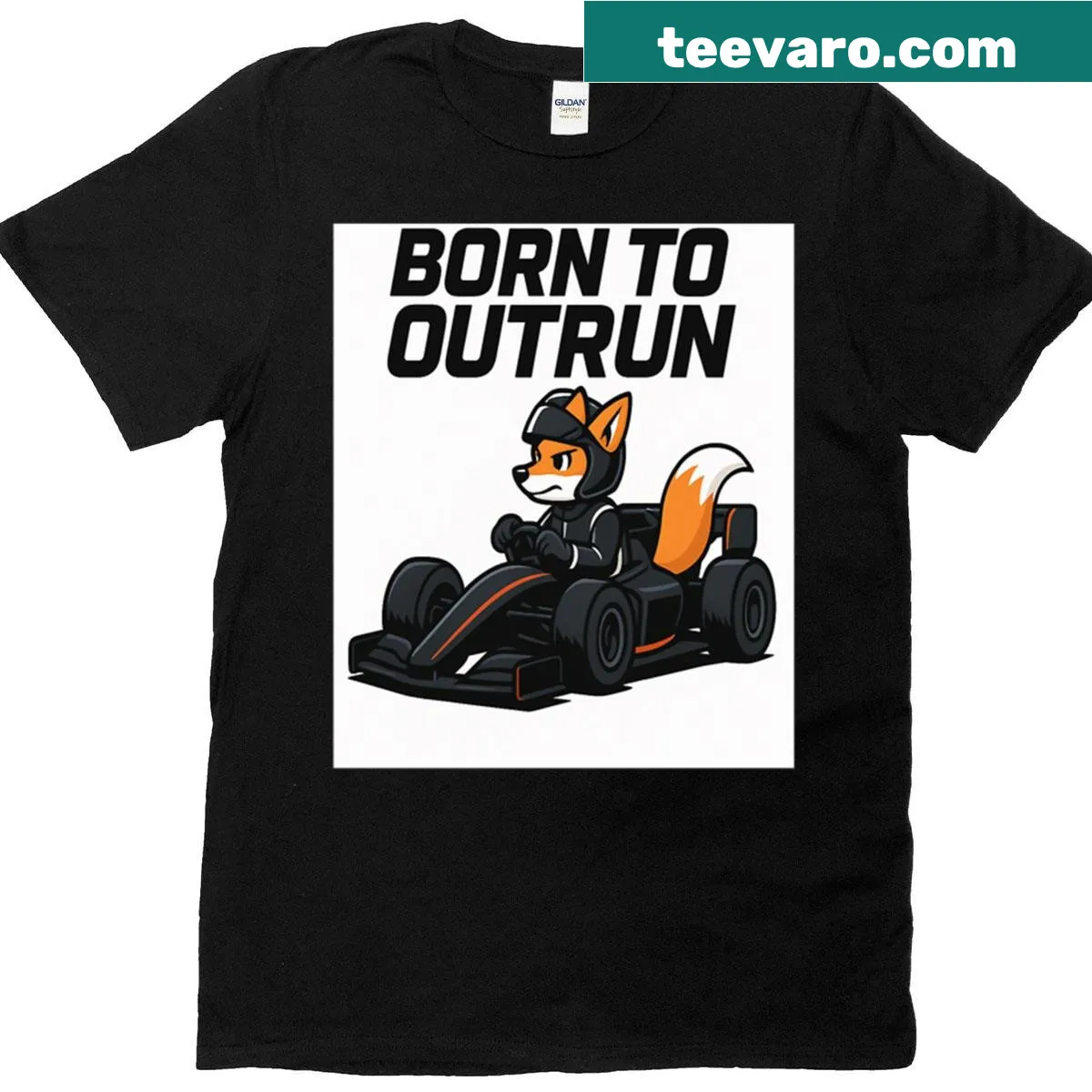 Illustration of a racing fox with the phrase Born To Outrun — on a men's t-shirt